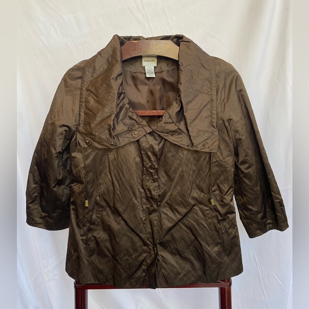 Chico’s Black Walnut/Brown Texture Shine Erika 3/4 Sleeve Snap Closure Jacket